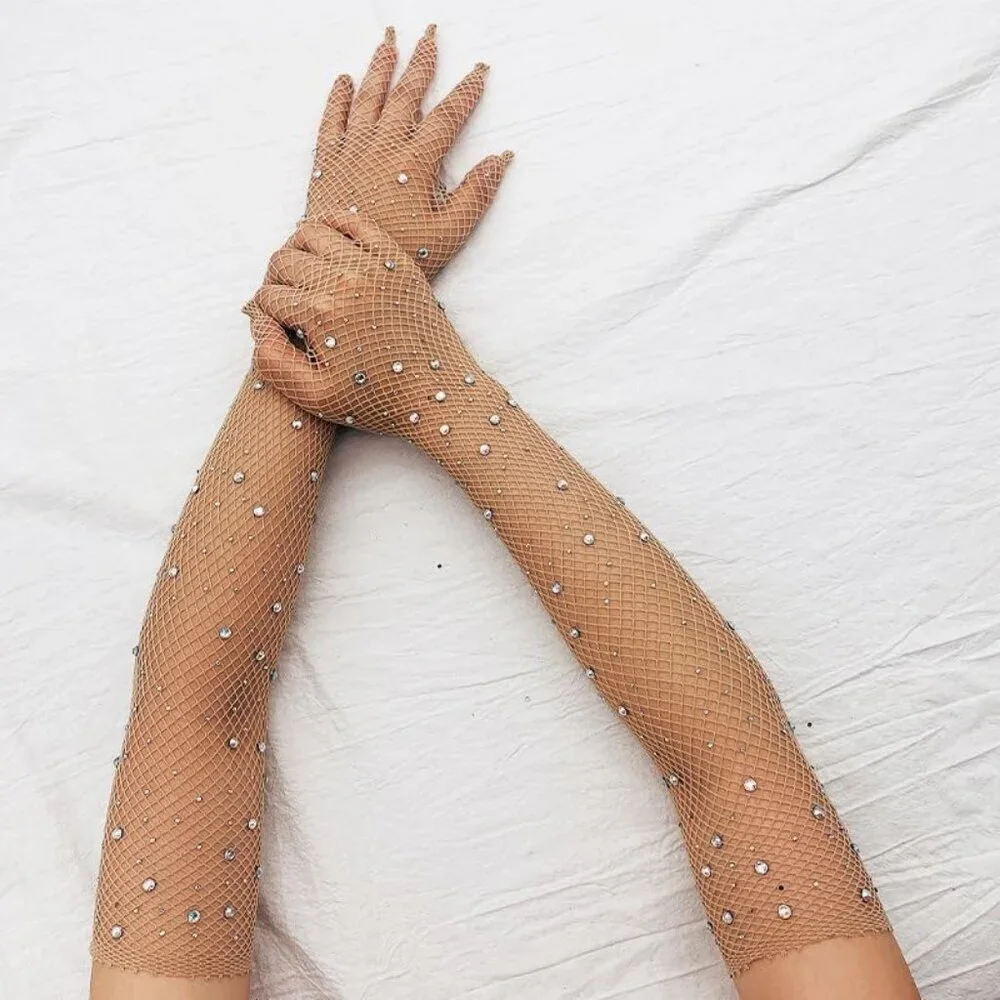 Women's A-Mesh-‌Complexion Rhinestone Elbow Length Gloves Halloween Costumes